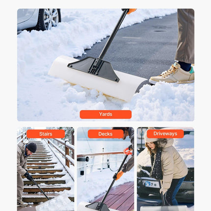 Snow Pusher Shovel, 76.2 cm Outdoor Snowplow Shovel with Ergonomic Grip, HDPE Plastic Blade, Winter Shovels with Segmented Handle, Metal Edged Strip, Portable Snow Removal Tool for Driveway.