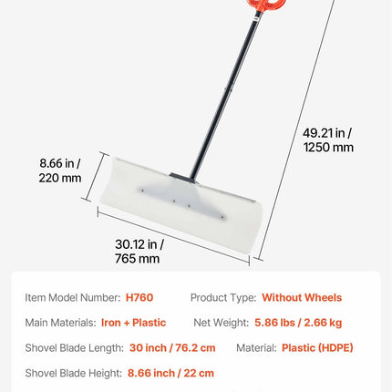 Snow Pusher Shovel, 76.2 cm Outdoor Snowplow Shovel with Ergonomic Grip, HDPE Plastic Blade, Winter Shovels with Segmented Handle, Metal Edged Strip, Portable Snow Removal Tool for Driveway.