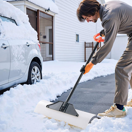 Snow Pusher Shovel, 76.2 cm Outdoor Snowplow Shovel with Ergonomic Grip, HDPE Plastic Blade, Winter Shovels with Segmented Handle, Metal Edged Strip, Portable Snow Removal Tool for Driveway.