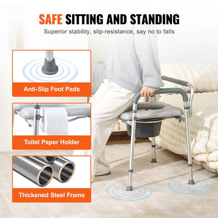 Commode Chair, Bedside Commode with Padded Seat and Arms, 7-Level Adjustable Height, 5.8L Removable Bucket, Easy to Assemble, 350 LBS Capacity, Raised Toilet Seat for Adults Seniors.