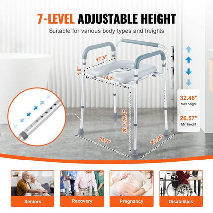 Commode Chair, Bedside Commode with Padded Seat and Arms, 7-Level Adjustable Height, 5.8L Removable Bucket, Easy to Assemble, 350 LBS Capacity, Raised Toilet Seat for Adults Seniors.