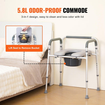 Commode Chair, Bedside Commode with Padded Seat and Arms, 7-Level Adjustable Height, 5.8L Removable Bucket, Easy to Assemble, 350 LBS Capacity, Raised Toilet Seat for Adults Seniors.