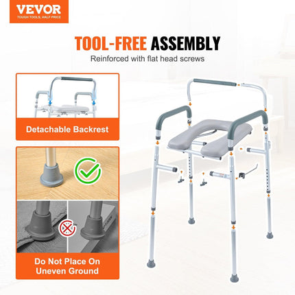 Commode Chair, Bedside Commode with Padded Seat and Arms, 7-Level Adjustable Height, 5.8L Removable Bucket, Easy to Assemble, 350 LBS Capacity, Raised Toilet Seat for Adults Seniors.