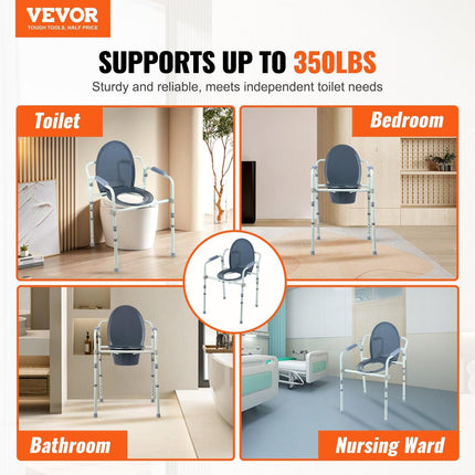 Commode Chair, Bedside Commode with Wider Toilet Seat, 7-Level Adjustable Height, 5.8L Removable Bucket, Easy to Assemble, 350 LBS Capacity, Raised Toilet Seat for Adults Seniors.