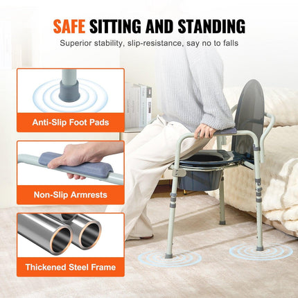 Commode Chair, Bedside Commode with Wider Toilet Seat, 7-Level Adjustable Height, 5.8L Removable Bucket, Easy to Assemble, 350 LBS Capacity, Raised Toilet Seat for Adults Seniors.