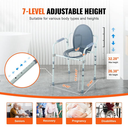 Commode Chair, Bedside Commode with Wider Toilet Seat, 7-Level Adjustable Height, 5.8L Removable Bucket, Easy to Assemble, 350 LBS Capacity, Raised Toilet Seat for Adults Seniors.