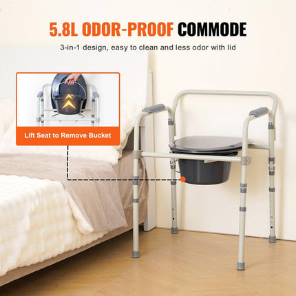 Commode Chair, Bedside Commode with Wider Toilet Seat, 7-Level Adjustable Height, 5.8L Removable Bucket, Easy to Assemble, 350 LBS Capacity, Raised Toilet Seat for Adults Seniors.