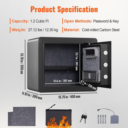Safe 1.2 Cubic Feet Home Safe Steel for Cash Gold 15.8x11.8x13.8 inch.