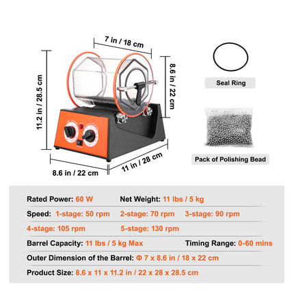 Jewelry Polisher Tumbler, 11lbs/5kg Capacity Mini Rotary Tumbler Machine with 0-60 Minutes Timer, 5 Speeds Jewelry Rotary Finisher for Surface Polishing Grinding Buffing Gemstones Jewels Coins.