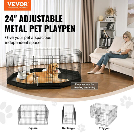 Dog Playpen, 8 Panels Foldable Metal Dog Exercise Pen with Bottom Pad, 24" H Pet Fence Puppy Crate Kennel with Ground Stakes, Indoor Outdoor Dog Pen for Small Medium Pets, for Camping, Yard.