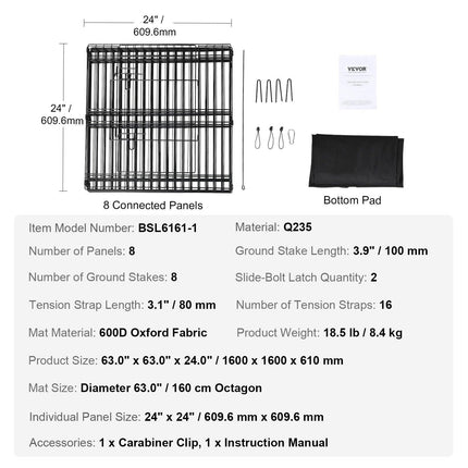 Dog Playpen, 8 Panels Foldable Metal Dog Exercise Pen with Bottom Pad, 24" H Pet Fence Puppy Crate Kennel with Ground Stakes, Indoor Outdoor Dog Pen for Small Medium Pets, for Camping, Yard.