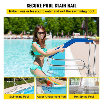 Swimming Pool Handrail Ladder Handrail Stainless Steel Rail w/ Base Plate.