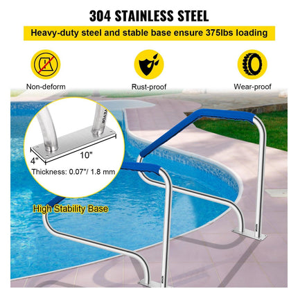 Swimming Pool Handrail Ladder Handrail Stainless Steel Rail w/ Base Plate.