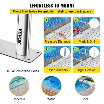 Swimming Pool Handrail Ladder Handrail Stainless Steel Rail w/ Base Plate.