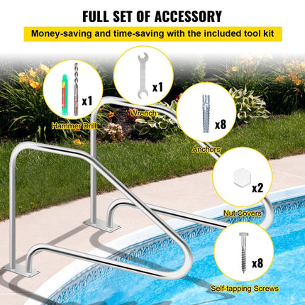 Swimming Pool Handrail Ladder Handrail Stainless Steel Rail w/ Base Plate.