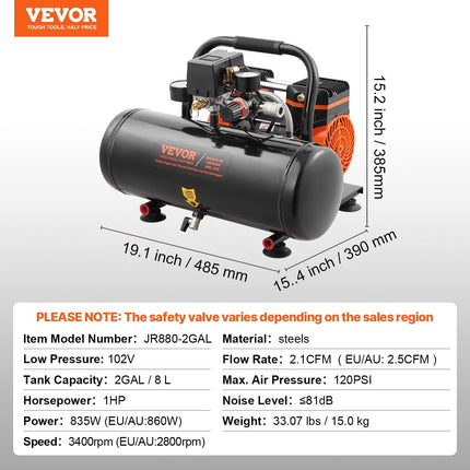 Air Compressor Compact Portable Oil Free Compressor 8L 8bar.