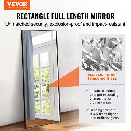 Full Length Mirror, 1800x785 mm, Extra Large Standing Hanging or Leaning Rectangle Floor Mirror with Tempered Glass Aluminum Alloy Frame, Full Body Dressing Mirror for Living Room Bedroom, Black.