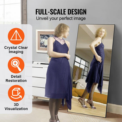 Full Length Mirror, 1800x785 mm, Extra Large Standing Hanging or Leaning Rectangle Floor Mirror with Tempered Glass Aluminum Alloy Frame, Full Body Dressing Mirror for Living Room Bedroom, Black.