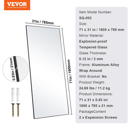 Full Length Mirror, 1800x785 mm, Extra Large Standing Hanging or Leaning Rectangle Floor Mirror with Tempered Glass Aluminum Alloy Frame, Full Body Dressing Mirror for Living Room Bedroom, Black.
