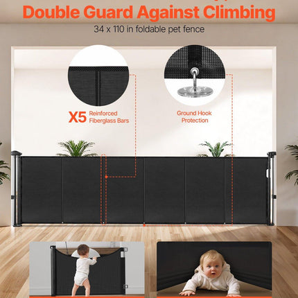 Retractable Baby Gate, 870 mm Tall, Extends up to 2800 mm Wide, Retractable Gate for Kids or Pets, Mesh Material, Easy to Install for Indoor Stairs, Doorways, Hallways, Playrooms, Black.
