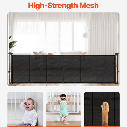 Retractable Baby Gate, 870 mm Tall, Extends up to 2800 mm Wide, Retractable Gate for Kids or Pets, Mesh Material, Easy to Install for Indoor Stairs, Doorways, Hallways, Playrooms, Black.
