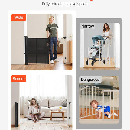 Retractable Baby Gate, 870 mm Tall, Extends up to 2800 mm Wide, Retractable Gate for Kids or Pets, Mesh Material, Easy to Install for Indoor Stairs, Doorways, Hallways, Playrooms, Black.