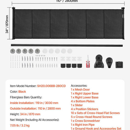 Retractable Baby Gate, 870 mm Tall, Extends up to 2800 mm Wide, Retractable Gate for Kids or Pets, Mesh Material, Easy to Install for Indoor Stairs, Doorways, Hallways, Playrooms, Black.