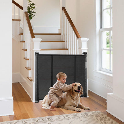 Retractable Baby Gate, 870 mm Tall, Extends up to 2800 mm Wide, Retractable Gate for Kids or Pets, Mesh Material, Easy to Install for Indoor Stairs, Doorways, Hallways, Playrooms, Black.