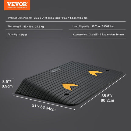 Upgraded Rubber Threshold Ramp, 8.9 cm Rise Door Ramp with 1 Channel, Natural Rubber Car Ramp with Non-Slip Textured Surface, 15 tons Load Capacity Curb Ramp for Wheelchair and Scooter.