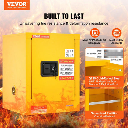 12 Gallon Safety Cabinet for Flammable Liquids Single door and Manual Close Yellow Hazardous Storage.