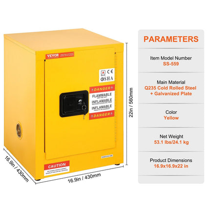12 Gallon Safety Cabinet for Flammable Liquids Single door and Manual Close Yellow Hazardous Storage.