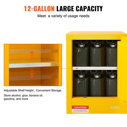12 Gallon Safety Cabinet for Flammable Liquids Single door and Manual Close Yellow Hazardous Storage.