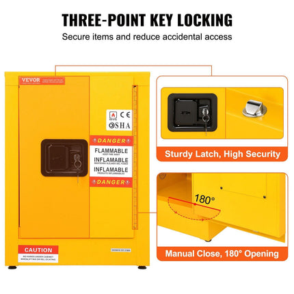 12 Gallon Safety Cabinet for Flammable Liquids Single door and Manual Close Yellow Hazardous Storage.