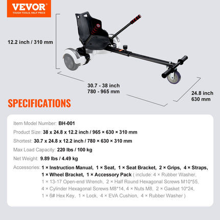 Hoverboard Seat Attachment, Compatible with All 16.5cm20.3cm21.6cm25.4 Hoverboards,Grips Control,Adjustable Frame Length and 99.8 kg Load Capacity,Hover Board Go Karts Accessory,for Kids Adults.