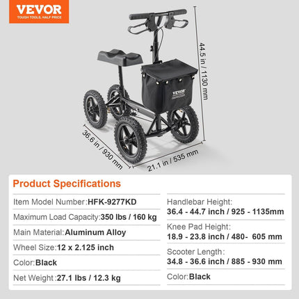 Folding Knee Scooter, Aluminum Steerable Knee Walker with Height-Adjustable Handlebar & Knee Pad, 12" All-Terrain Wheels, Dual Brakes, Leg Recovery Scooter for Broken Ankle Foot Injuries, 159KG.