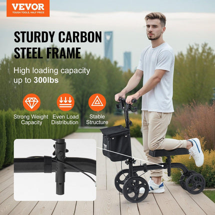 Folding Knee Scooter, Carbon Steel Steerable Knee Walker with Height-Adjustable Handlebar & Knee Pad, All-Terrain Solid Wheels, Dual Brakes, Leg Recovery Scooter for Broken Ankle Foot Injuries.