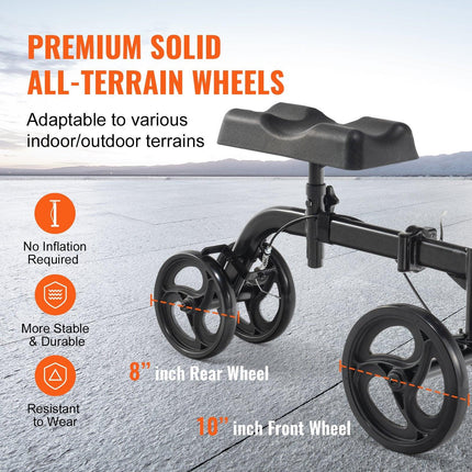Folding Knee Scooter, Carbon Steel Steerable Knee Walker with Height-Adjustable Handlebar & Knee Pad, All-Terrain Solid Wheels, Dual Brakes, Leg Recovery Scooter for Broken Ankle Foot Injuries.