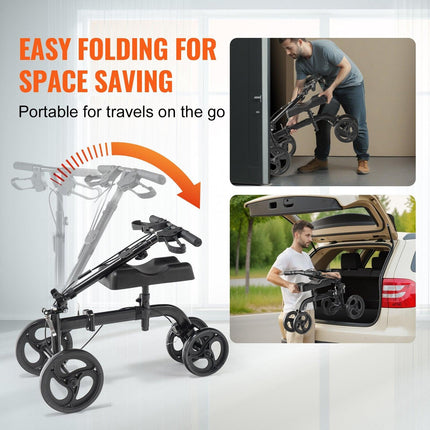 Folding Knee Scooter, Carbon Steel Steerable Knee Walker with Height-Adjustable Handlebar & Knee Pad, All-Terrain Solid Wheels, Dual Brakes, Leg Recovery Scooter for Broken Ankle Foot Injuries.