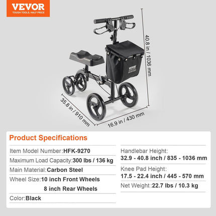 Folding Knee Scooter, Carbon Steel Steerable Knee Walker with Height-Adjustable Handlebar & Knee Pad, All-Terrain Solid Wheels, Dual Brakes, Leg Recovery Scooter for Broken Ankle Foot Injuries.