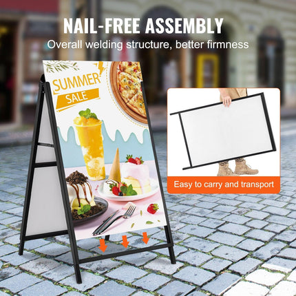 A Frame Sidewalk Sign, 61x91cm Heavy Duty Slide-in Signboard Holder, Double-Sided Folding Sandwich Board Signs, Steel Pavement Sign Poster for Outdoor Business Street Advertising (Frame only).