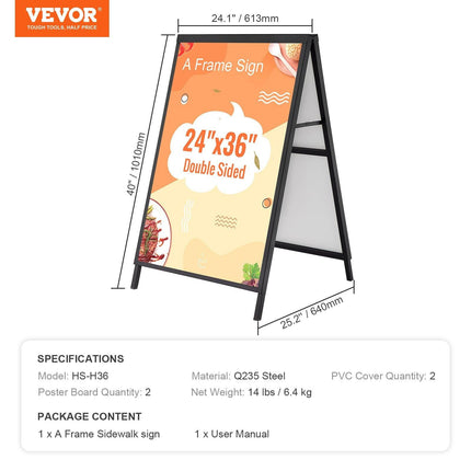 A Frame Sidewalk Sign, 61x91cm Heavy Duty Slide-in Signboard Holder, Double-Sided Folding Sandwich Board Signs, Steel Pavement Sign Poster for Outdoor Business Street Advertising (Frame only).