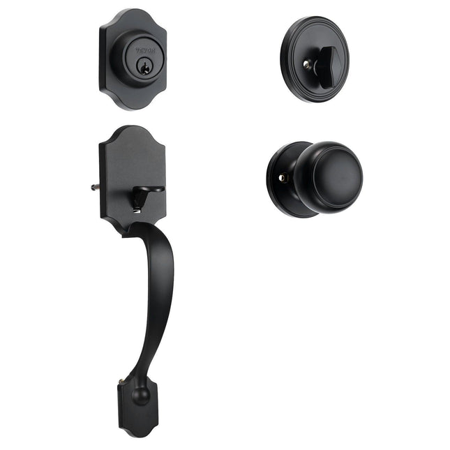 Front Door Handle and Deadbolt Set, Matte Black Front Door Lock Set with Interior Knob, Single Cylinder Handleset Adjustable Hole Spacing, for Right and Left Handed Entrance and Front Door.