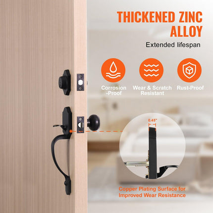 Front Door Handle and Deadbolt Set, Matte Black Front Door Lock Set with Interior Knob, Single Cylinder Handleset Adjustable Hole Spacing, for Right and Left Handed Entrance and Front Door.