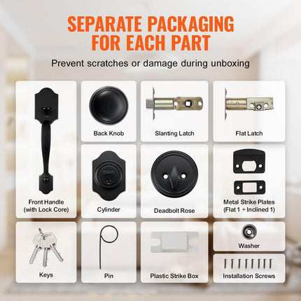 Front Door Handle and Deadbolt Set, Matte Black Front Door Lock Set with Interior Knob, Single Cylinder Handleset Adjustable Hole Spacing, for Right and Left Handed Entrance and Front Door.