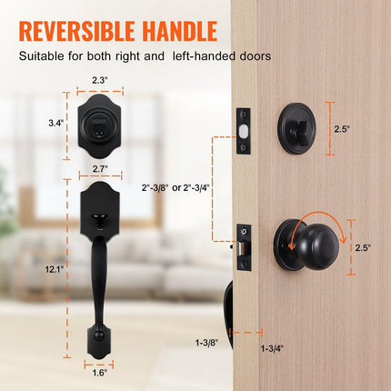 Front Door Handle and Deadbolt Set, Matte Black Front Door Lock Set with Interior Knob, Single Cylinder Handleset Adjustable Hole Spacing, for Right and Left Handed Entrance and Front Door.