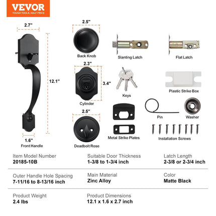 Front Door Handle and Deadbolt Set, Matte Black Front Door Lock Set with Interior Knob, Single Cylinder Handleset Adjustable Hole Spacing, for Right and Left Handed Entrance and Front Door.