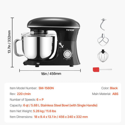 VEVOR Stand Mixer 5.68 L Electric Dough Mixer 1100W 6 + P Speeds Food Beater.