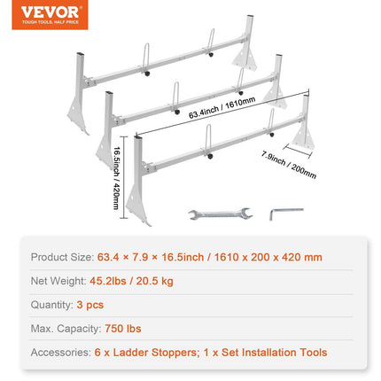 VEVOR 3-Bar Van Roof Ladder Rack Adjustable 56.3"-61.4" for Full-Size Vans.