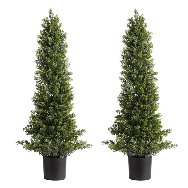 Artificial Topiary Cedar Trees, 2 Set 914mm Faux Pine Shrubs Plants, Fake Silk Tree Look Real, Easy Assembly for Decor Front Porch Outdoor Patio Garden Balcony Backyard Indoor Office.