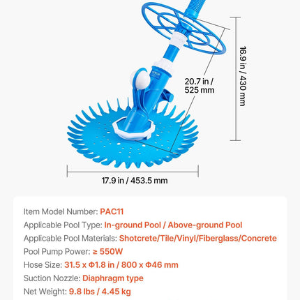 Suction Pool Cleaner, Automatic Pool Vacuum Cleaner, Suction Side Automatic Pool Cleaner, Suction Vacuum Pool Sweeper with 12 Hoses, for In-ground and Above-ground Pool Up to 609.6 x 1066.8 cm.